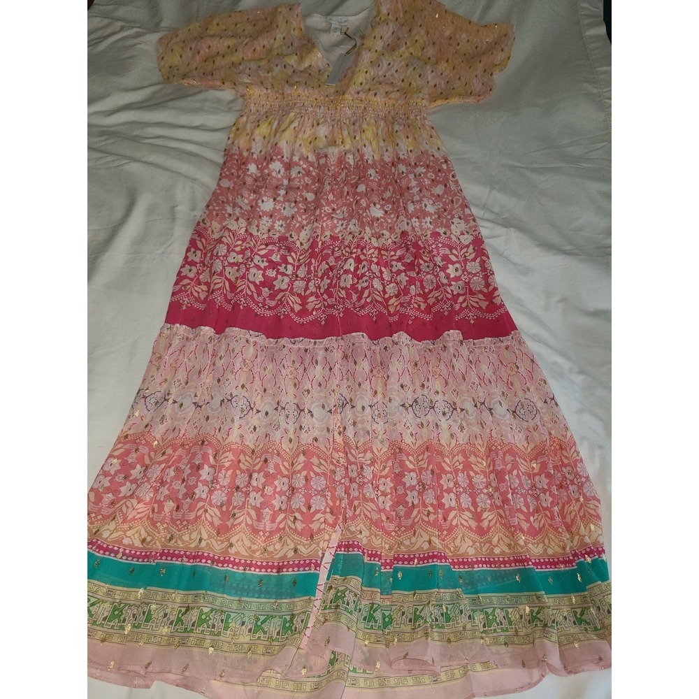 House of Harlow Pink Floral Metallic Smocked Maxi Dress Womens Medium NWT